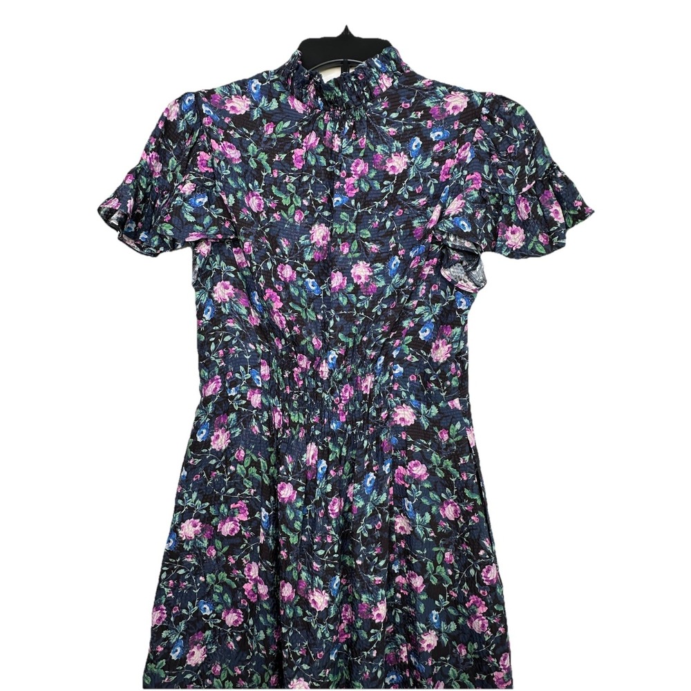 Rebecca Taylor Ruby Navy Floral Hammered Silk Mini Dress Size 2 Cottage Peasant - Picture 10 of 12